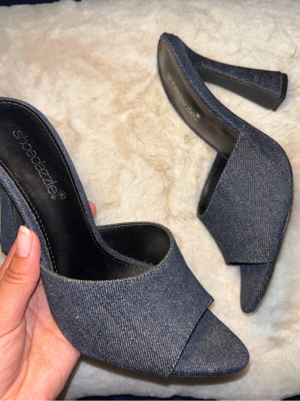Shoe Dazzle Denim Slide Mules in Dark Blue